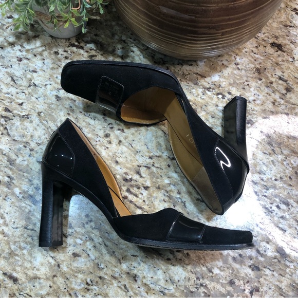 GUCCI Patent Leather Suede Black D'Orsay Square Toe Block Heel Pumps 5.5 - Picture 7 of 13